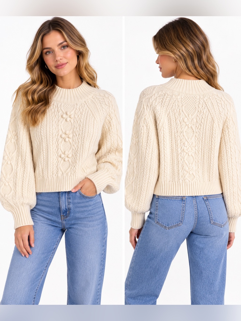 bishop + young Emerson Ivory Cable Mock Neck Sweater